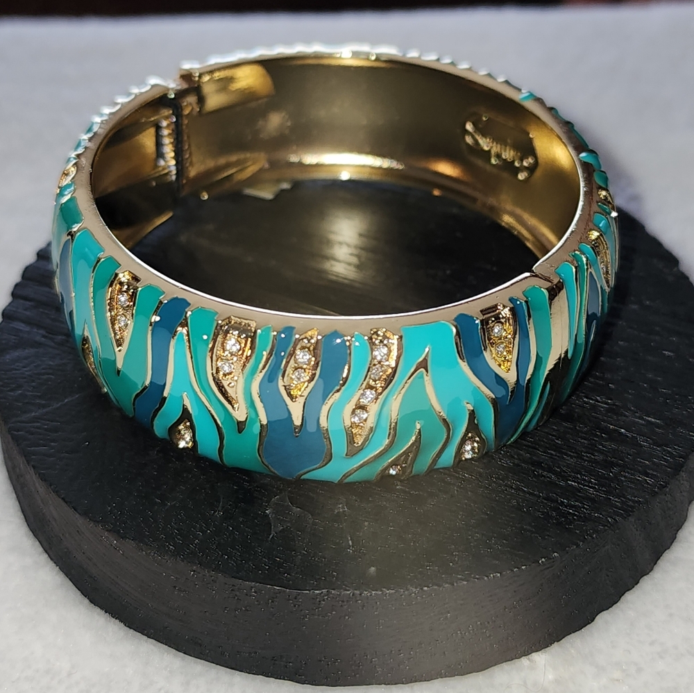 STUNNING Sequin™ Teal & Blue Enamel Crystal-Accented Hinged Bangle Bracelet NWT
